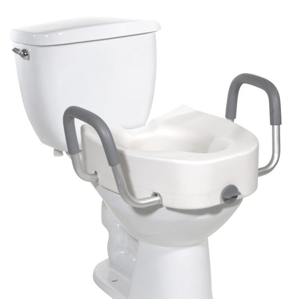 Premium Plastic Raised Toilet Seat with Lock and Padded Armrests, Elongated