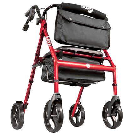 Elite Walker Rollator with Seat, Backrest and Saddle Bag, Garnet Red